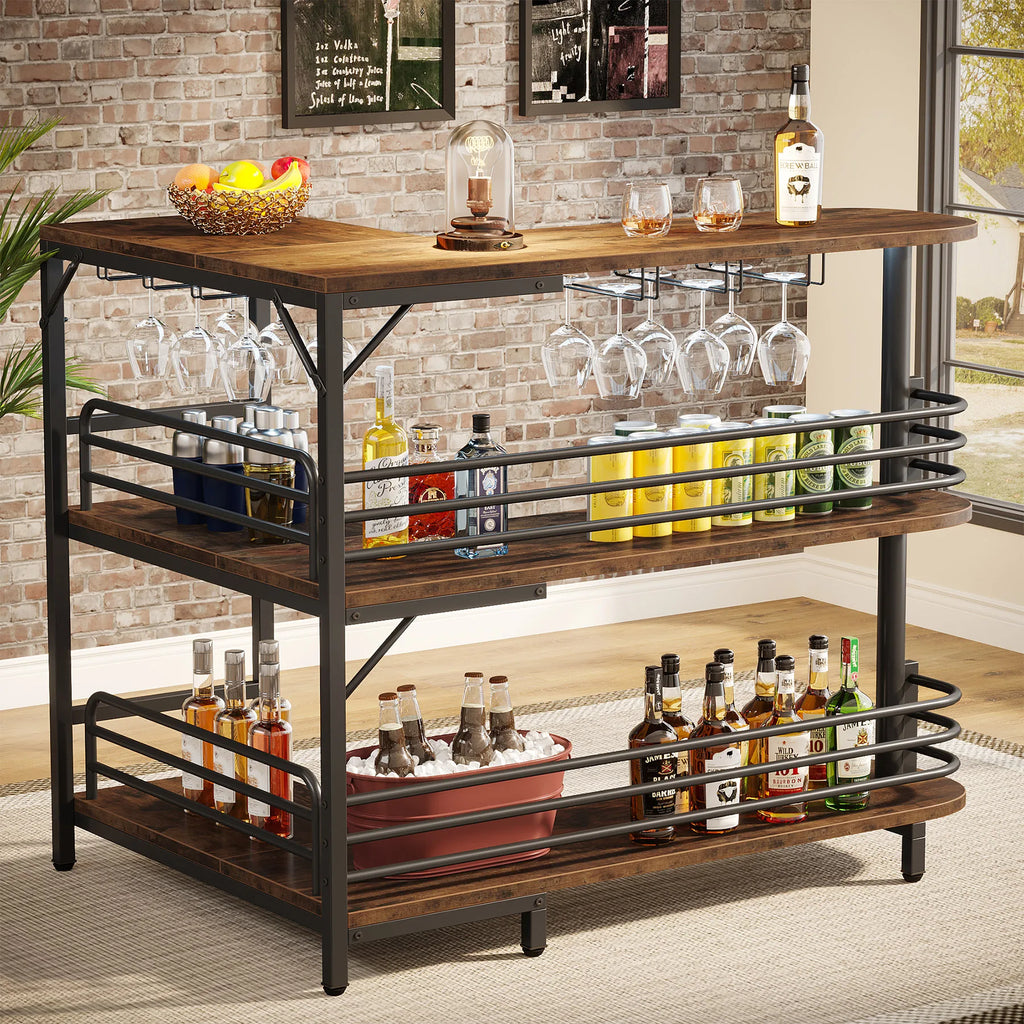 Bar d’Angle avec Comptoir, Rangements & Porte-Verres