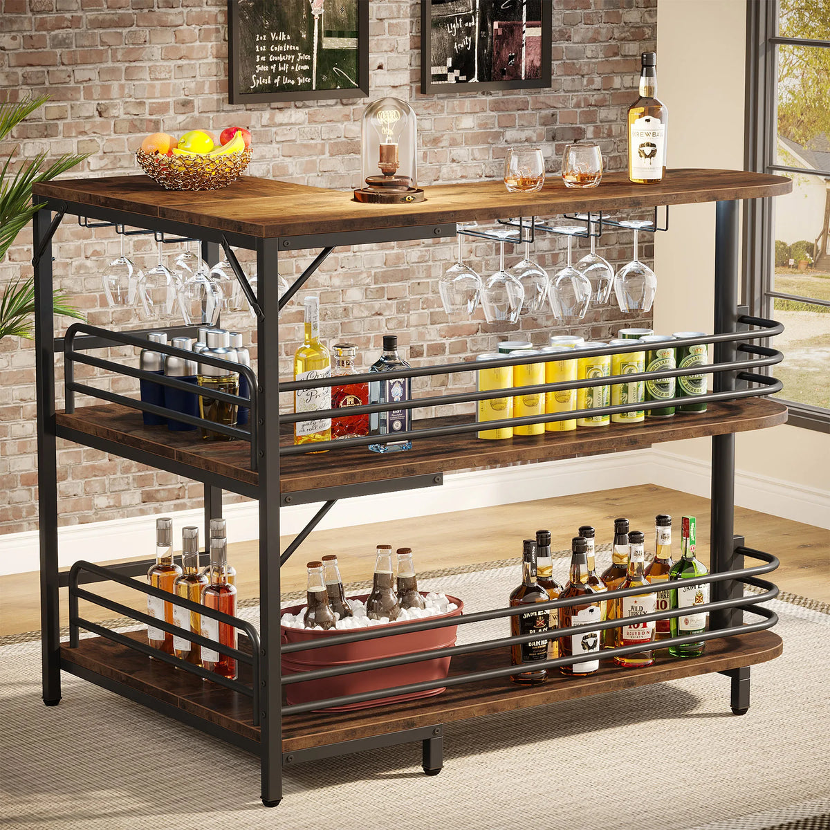 Bar d’Angle avec Comptoir, Rangements & Porte-Verres