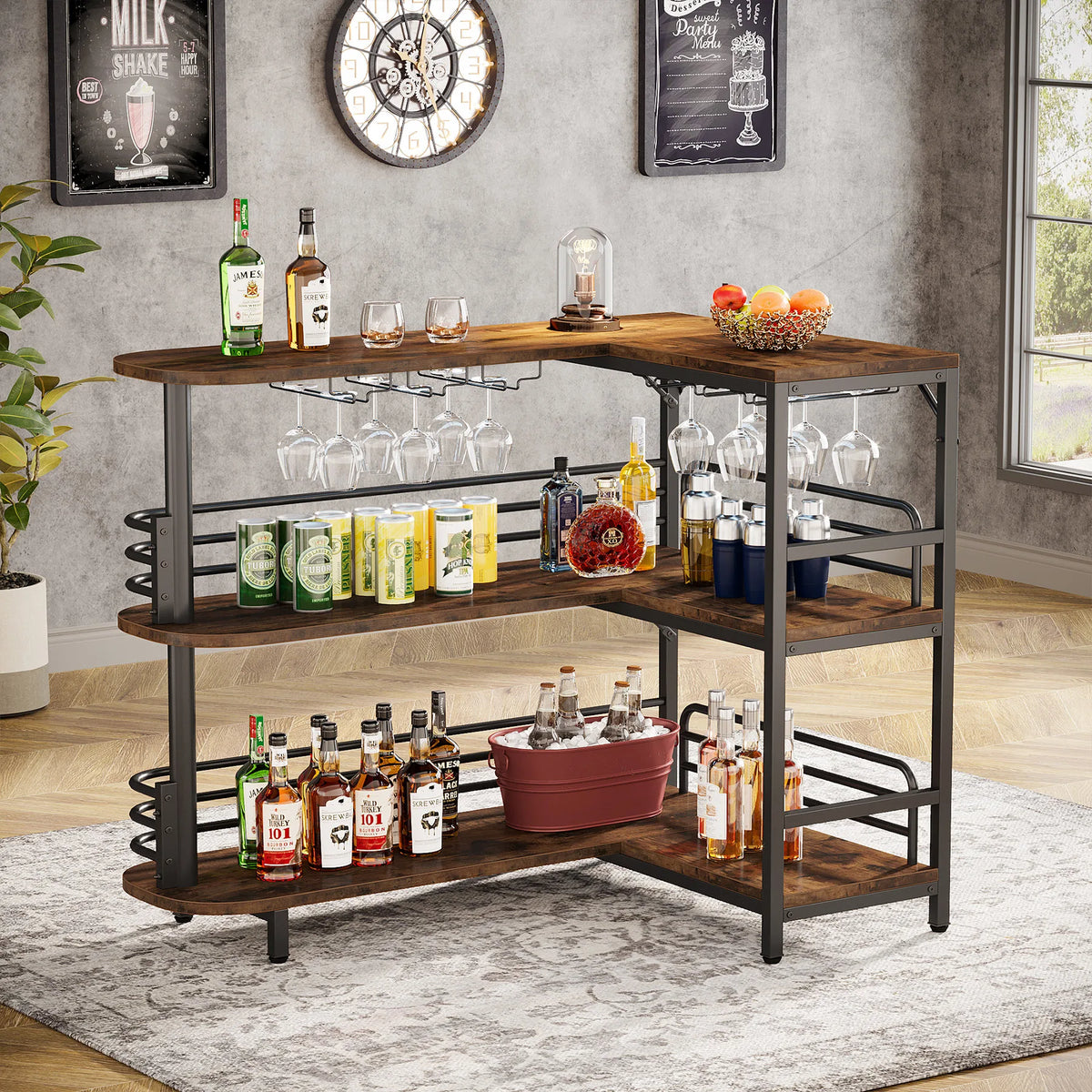 Bar d’Angle avec Comptoir, Rangements & Porte-Verres