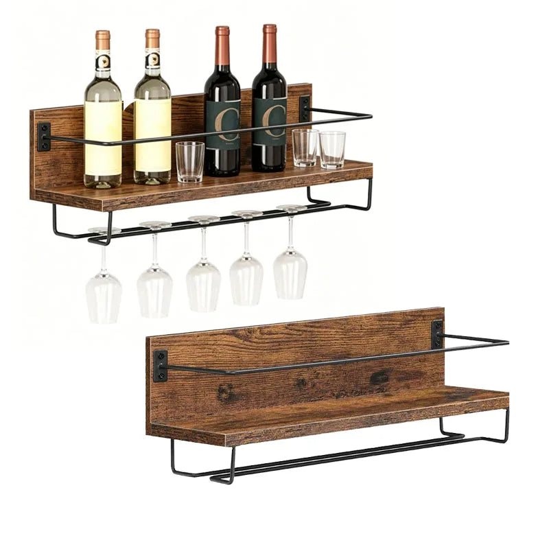 Étagère Murale à Vin avec Porte-Verres – Bois & Métal