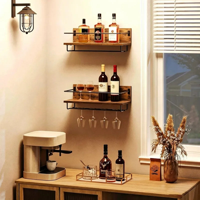 Étagère Murale à Vin avec Porte-Verres – Bois & Métal