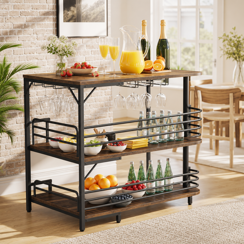 Bar d’Angle avec Comptoir, Rangements & Porte-Verres