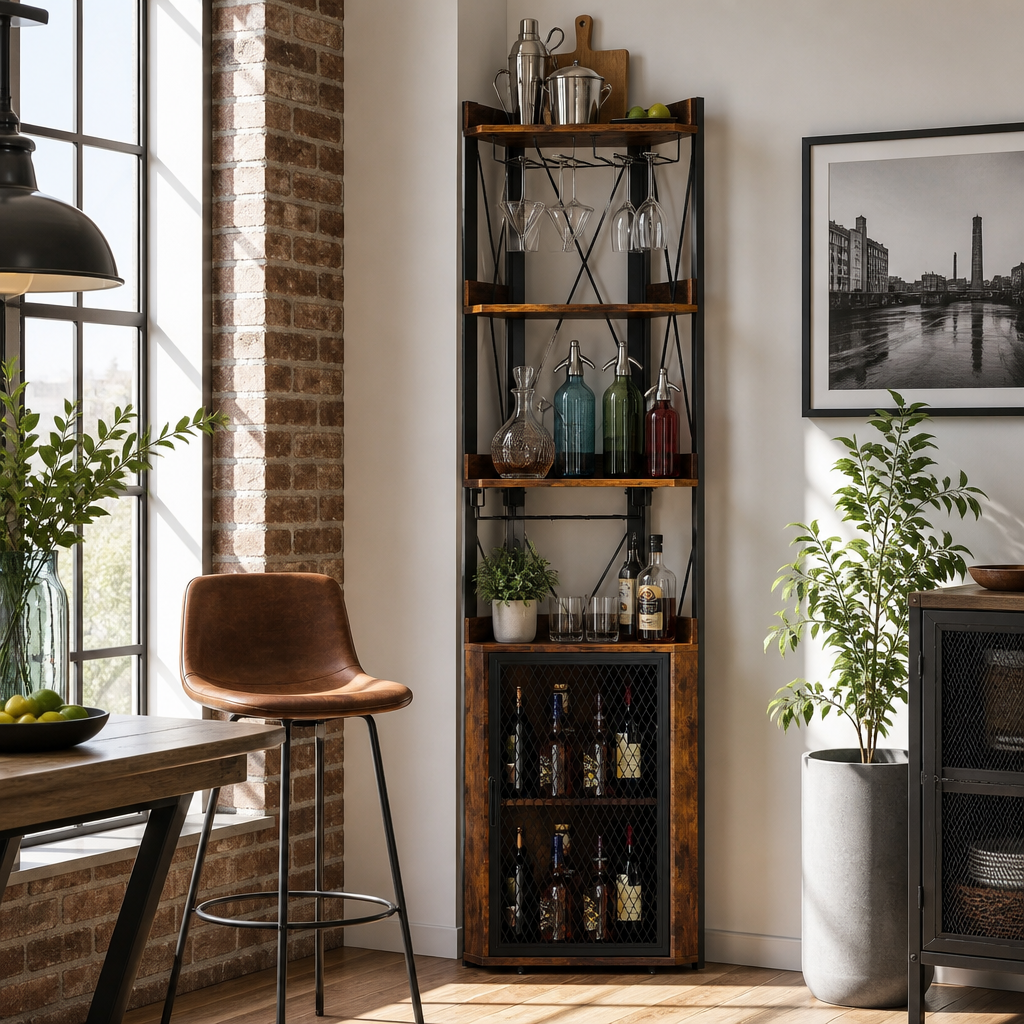 Meuble Bar d’Angle avec Rangements & Porte-Verres – La Colonne