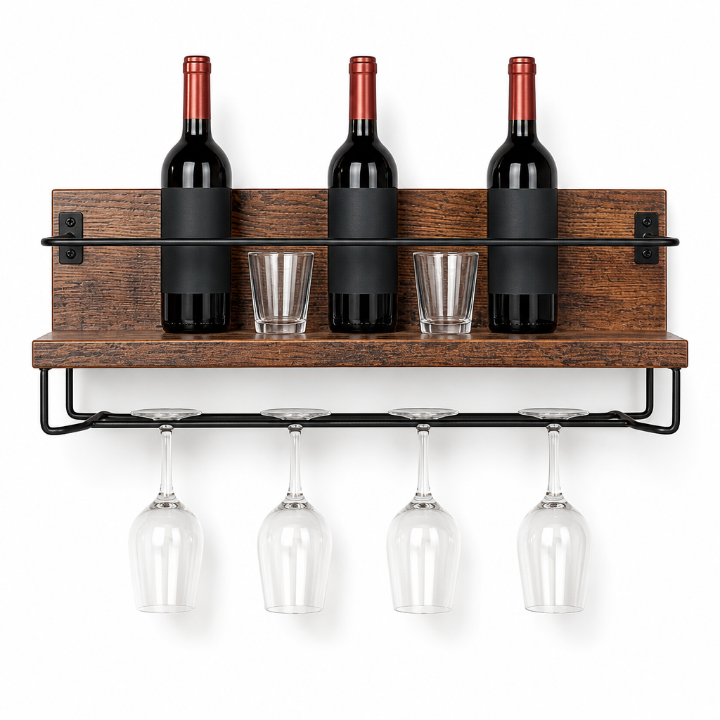 Étagère Murale à Vin avec Porte-Verres – Bois & Métal