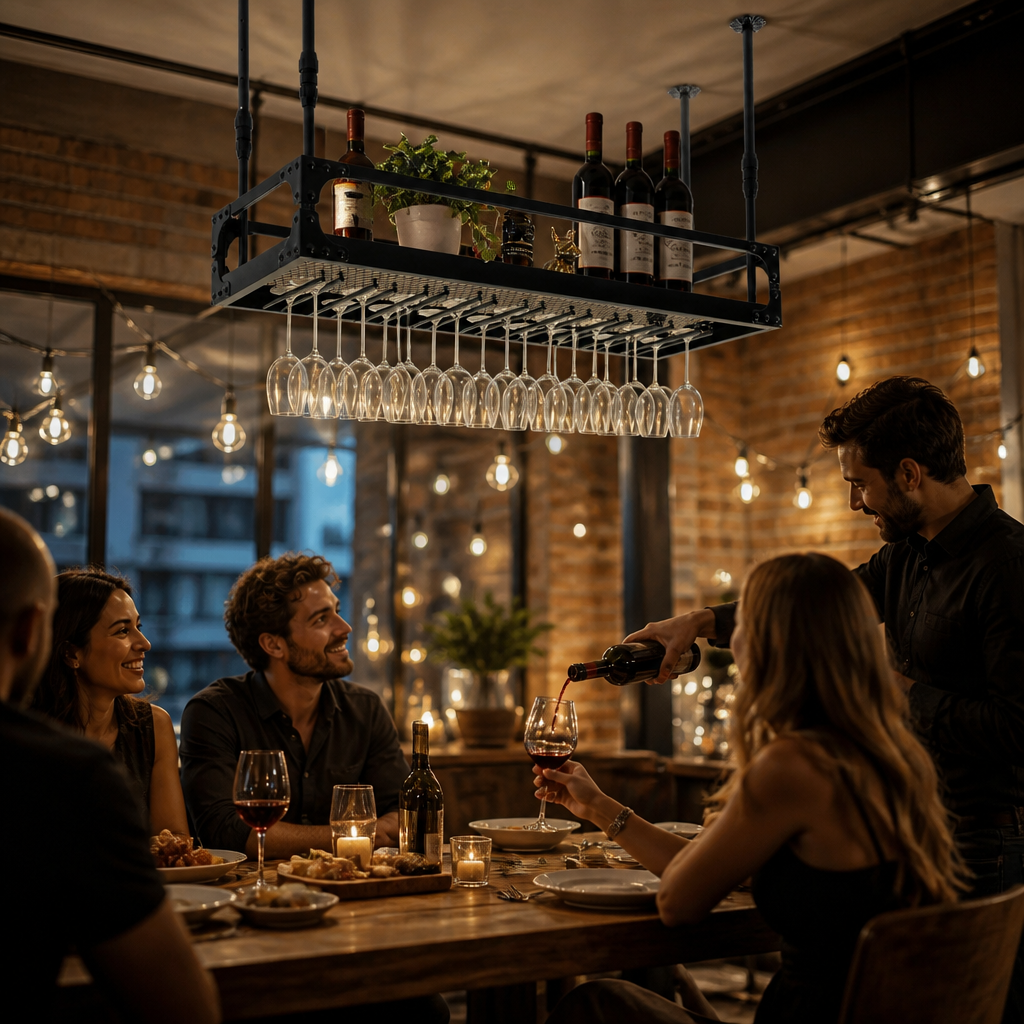 Étagère de Bar Suspendue avec Porte-Bouteilles & Porte-Verres