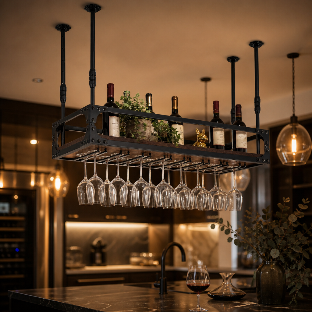Étagère de Bar Suspendue avec Porte-Bouteilles & Porte-Verres
